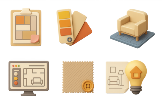Home interior design 3d icons set – decor, style, and furniture visuals