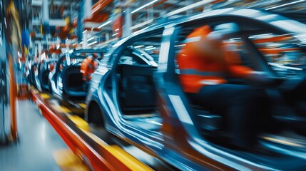 Car assembly line workers, factory, production, motion blur, industrial background, automotive manufacturing