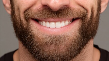 Obraz premium A Close-Up of a Man's Smiling Face, Revealing his Healthy Teeth and Well-Groomed Beard. A Portrait Focused on Happiness and Oral Hygiene.