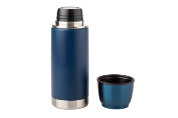 Blue stainless steel thermos and cup isolated on black background, thermos, vacuum flask, insulated bottle, flask, bottle, cup, mug, drink, beverage, container, blue, stainless steel, metal, equipment