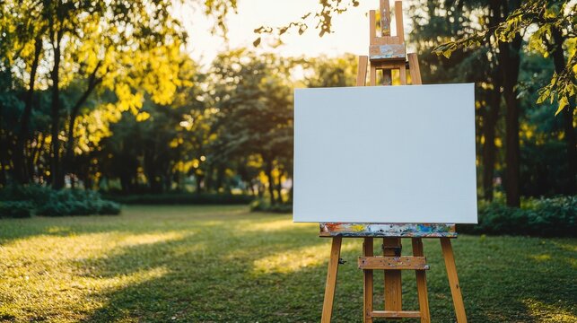 Blank artist canvas on easel in sunlit green park setting