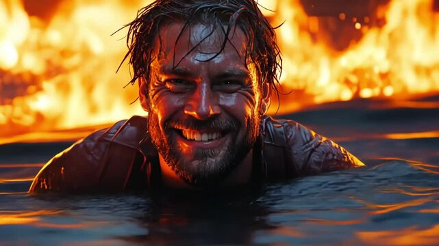 Man swimming through flames in dramatic display of courage during nighttime adventure