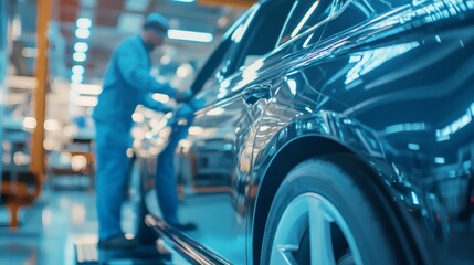 Fototapeta premium Car assembly plant worker inspecting vehicle