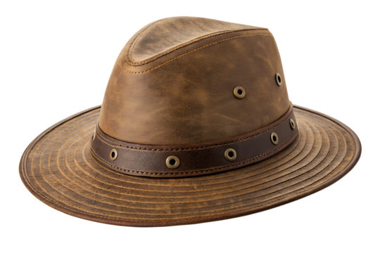 Brown leather outback hat isolated on black background studio shot, outback hat, leather hat, brown hat, safari hat, fedora, adventure hat, hat, headwear, apparel, fashion, clothing, style, male, man