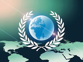 Global emblem of peace and unity depicting the earth surrounded by a laurel wreath representing world harmony