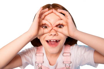 Close up photo cute sweet child laugh laughter fooling make faces binoculars isolated blue background