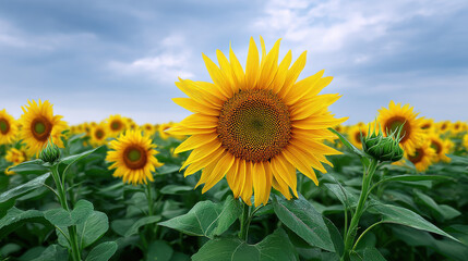 Fototapeta premium A vibrant sunflower blooms in a field under a cloudy sky, its bright yellow petals contrasting beautifully with the green leaves and the soft blue backdrop, creating a serene