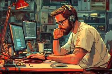 Concentrated Programmer Coding Late Night