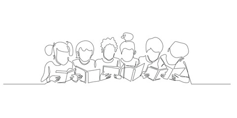continuous line drawing of group of children reading book together.one line drawing for education,knowledge concept.line art vector illustration