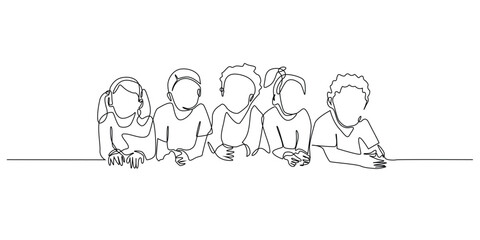 continuous line of group of children lying on the floor.one line drawing of children of various races and skin colors.vector line art for education,children's health