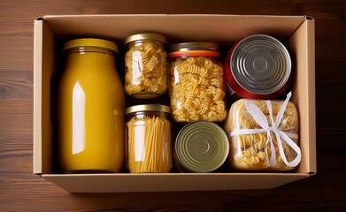 A cardboard box filled with non-perishable food items, including pasta, canned goods, and a bottle of sauce.
pgsql
Kopiuj
Edytuj
