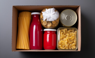 A cardboard box filled with non-perishable food items, including pasta, canned goods, and a bottle of sauce.
pgsql
Kopiuj
Edytuj
