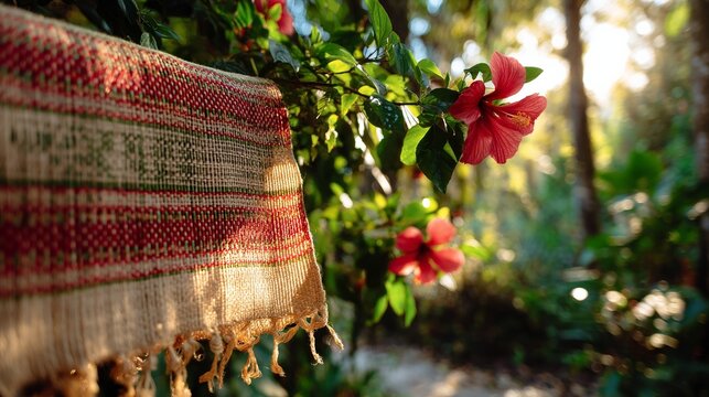 Handwoven lamba with vanilla pods and hibiscus, celebrating Madagascar's vibrant culture and natural bounty.