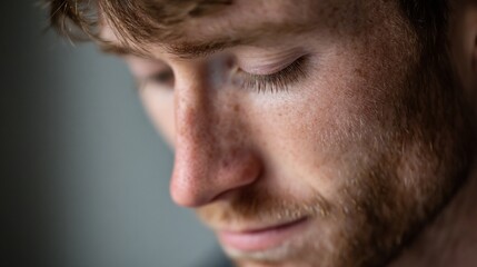 Fototapeta premium Man in deep thought, looking down with focus. Introspection and quiet determination in a moment of reflection.