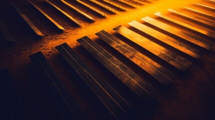 Naklejka premium Aerial view of a large solar panel field bathed in the golden light of sunset, creating an abstract and energy-efficient landscape, showcasing sustainable power.