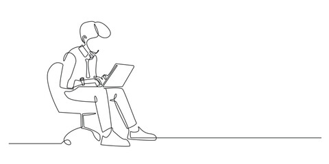 continuous line drawing of serious young man looking at laptop and sitting on chair.one line drawing of business concept,businessman,office worker.