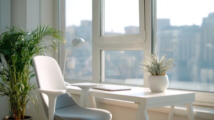 Obraz premium Minimalist workspace with ergonomic chair and greenery, bathed in soft daylight. A serene blend of comfort and modern simplicity.
