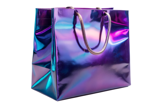 Iridescent shopping bag with rope handles isolated on black background, iridescent, shopping bag, gift bag, rope handles, metallic, foil, shiny, vibrant, colorful, purple, blue, black background