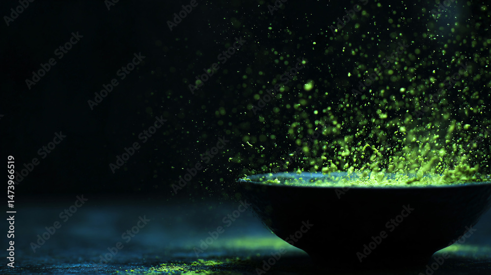 Poster bright unripe matcha explodes from a black-market bowl, frozen in time, minimalist style with zen co