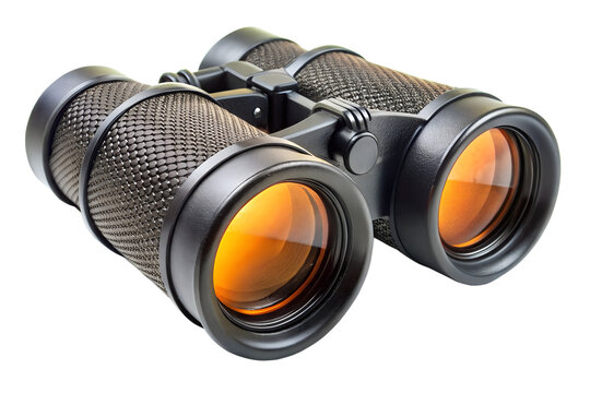 Fototapeta Modern black binoculars with amber lenses isolated on black background, binoculars, optics, spyglass, field glasses, eye piece, objective lens, amber lens, black, black background, equipment, optical