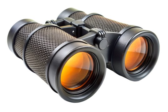 Modern black binoculars with amber lenses isolated on black background, binoculars, optics, spyglass, field glasses, eye piece, objective lens, amber lens, black, black background, equipment, optical