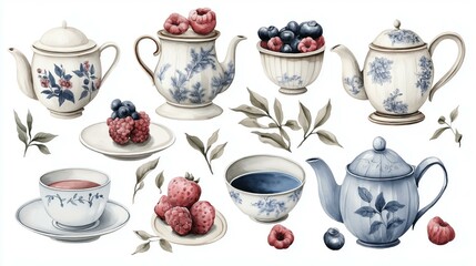 An elegant watercolor illustration showcases vintage teapots, tea cups, and bowls adorned with assorted fresh berries and delicate leaves on a pristine white backdrop.