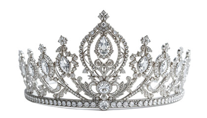 Front view of a silver diamond crown for a beauty queen pageant, featuring a crystal tiara adorned with gemstones and pearls. transparent background