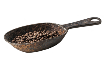 Gourmet coffee beans in rustic pan kitchen setting food photography vintage vibe close-up perspective culinary arts