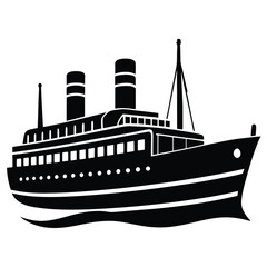 Obraz premium Classic Passenger Ship Silhouette Vector – Minimal Black Cruise Liner Illustration for Marine Travel, Sea Transport, Nautical Design, and Ocean Voyage Projects