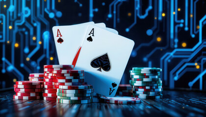 Two Ace Cards and Stacks of Gambling Chips.