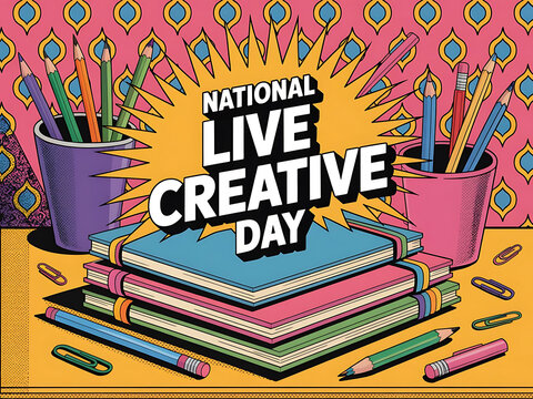 Illustration celebrating national live creative day artistic stationery supplies books and creative process