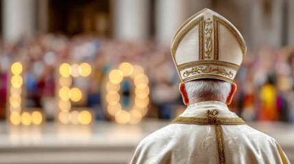 Pope in ceremonial attire with illuminated letters spelling Leo XIV