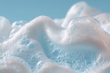 Fototapeta premium Close-up View of Creamy White Foam with Air Bubbles, a Textured Abstract Background Image Showing Soft, Light Blue Undertones