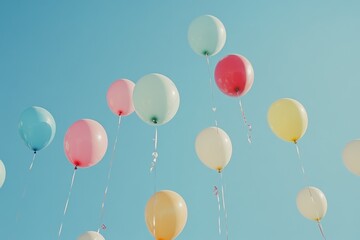 Colorful balloons floating in a vibrant summer sky.