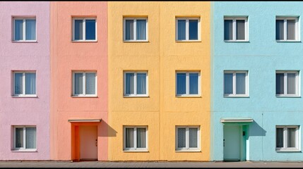 Fototapeta premium Pastel facade with simple details, a clean urban backdrop. Minimalist charm in soft daylight.