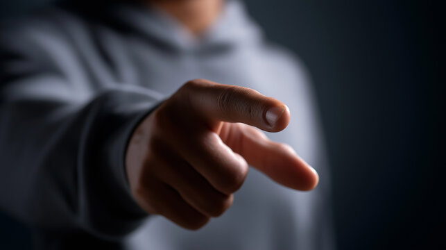 Close-up of a hand pointing directly at the camera with a dark, dramatic background.
