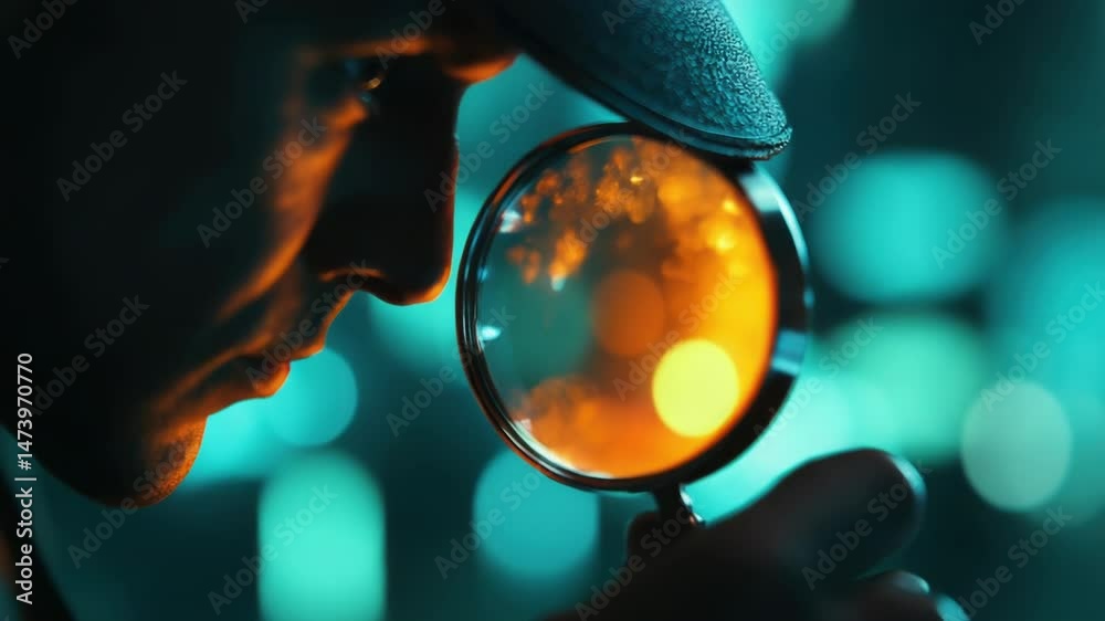Poster a person studying an object or surface using a magnifying glass, for scientific or investigative pur