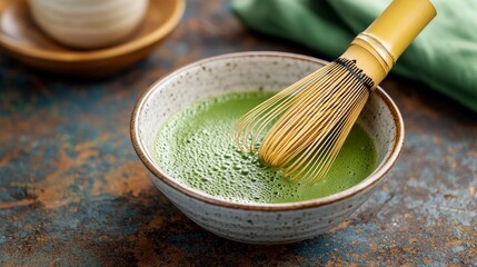 Bowl of matcha tea with bamboo whisk on a textured surface. Matcha antioxidant refreshing concept.