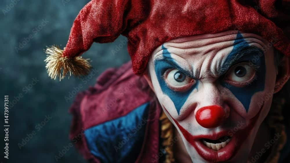 Aufkleber A close-up shot of a person wearing a clown mask, suitable for use in various scenarios where a character is hiding their identity