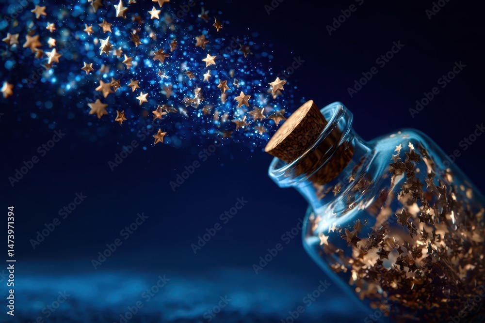 Poster a bottle of glitter is filled with stars and is floating in the air