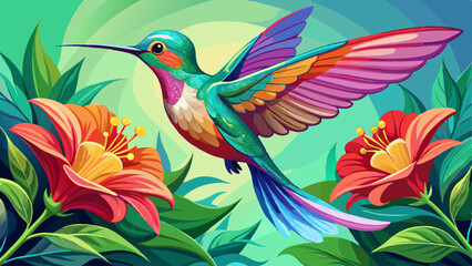 Fototapeta premium portrait A hummingbird hovering in midair near a brightly colored flower, collecting nectar Very beautiful