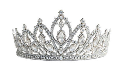 Front view of a silver diamond crown for a beauty queen pageant, featuring a crystal tiara adorned with gemstones and pearls. transparent background