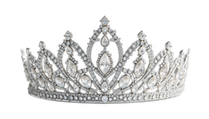 Front view of a silver diamond crown for a beauty queen pageant, featuring a crystal tiara adorned with gemstones and pearls. transparent background