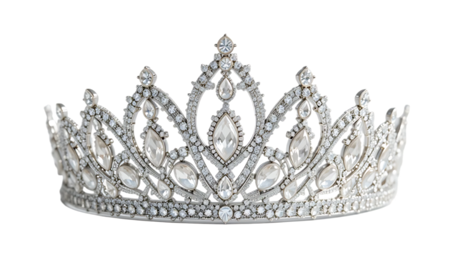 Front view of a silver diamond crown for a beauty queen pageant, featuring a crystal tiara adorned with gemstones and pearls. transparent background