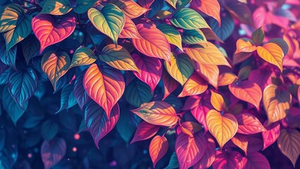 Farbintensive Blätter in Rot, Türkis und Pink auf dunklem Hintergrund – stilisierter Vaporwave-Look mit starker Farbwirkung.