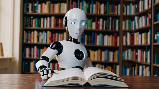 humanoid robot sits on a wooden table in a cozy library, reading an open book. Its round eyes glow with curiosity, and its smooth white-and-black design gives it a friendly, futuristic appearance