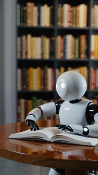 humanoid robot sits on a wooden table in a cozy library, reading an open book. Its round eyes glow with curiosity, and its smooth white-and-black design gives it a friendly, futuristic appearance