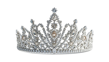 Front view of a silver diamond crown for a beauty queen pageant, featuring a crystal tiara adorned with gemstones and pearls. transparent background