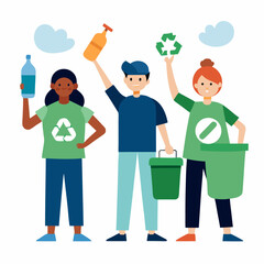 Characters protesting against plastic waste, vector on white background.