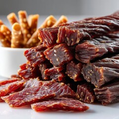 Delicious and Savory Dried Meat Snack Stacked with Crunchy Pretzel Twists, Perfect for Outdoor Adventures and Gatherings